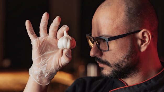 Bald chef wearing glasses holds garlic with gloves in a kitchen setting.
